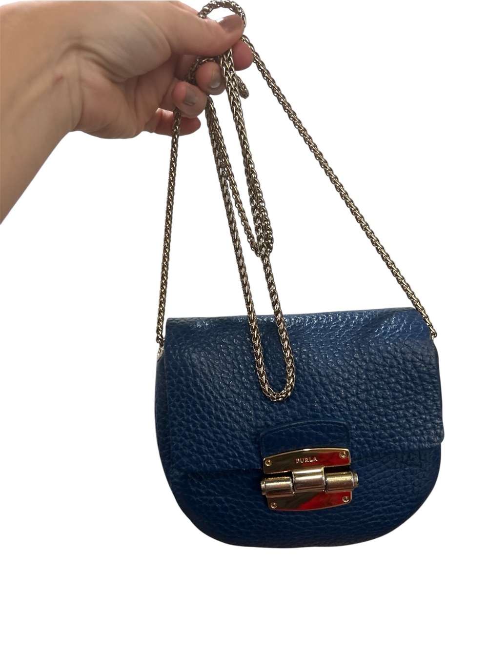 Furla Navy Pebbled Leather Crossbody with Gold Hardware